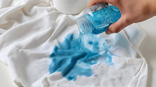 Liquid detergent pour on white fabric to remove stain closeup macro shot over domestic home background clean care concept wash laundry hygiene textile soft cloth care fabric stain remover product prom