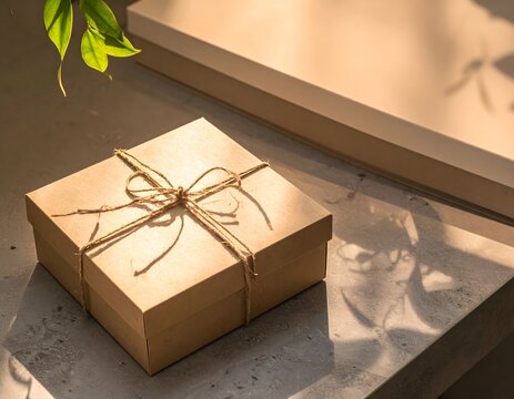 A simple kraft paper gift box tied with twine, ready for a special occasion.