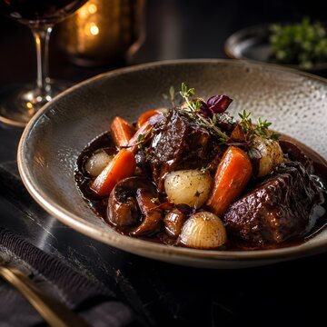 Gourmet beef bourguignon with red wine sauce, slow cooked beef stew with carrots and pearl onions, rustic French cuisine in a ceramic bowl