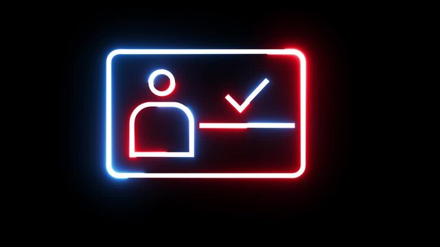 Id card icon glows with neon light effect isolated on black background in seamless loop motion