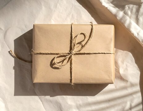 A Simple Brown Paper Wrapped Gift Tied With Twine, Presented On A Light Fabric Background With Shadows