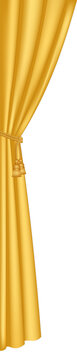 Luxurious Golden Velvet Stage Curtain Draped and Tied Back, Isolated on White Background for Elegant Event Invitations or Theatrical Designs