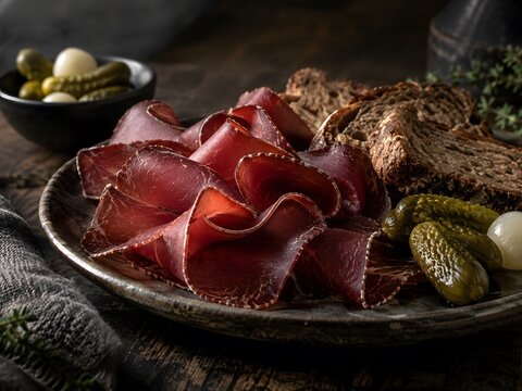 Bresaola air-dried beef slices on rustic plate, gourmet charcuterie appetizer with pickles and dark bread, moody fine dining food photography