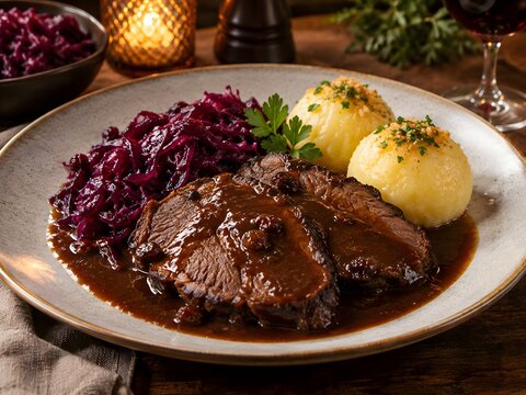 Traditional German Sauerbraten with potato dumplings and red cabbage, roasted beef pot roast in dark gravy, rustic Bavarian dinner on wooden table