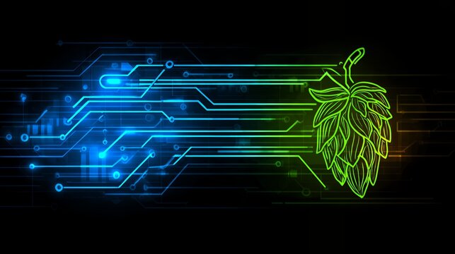 Futuristic glowing green hop cone with digital circuit board light lines on dark background for smart brewing and beer festival tech