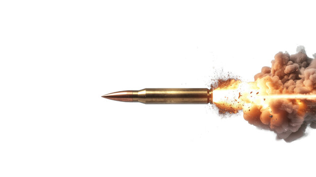 Fast flying metallic bullet with explosive fire trail isolated on white background