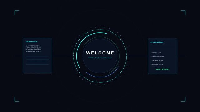 digital welcome screen with futuristic glowing interface and data panels, tech intro loop