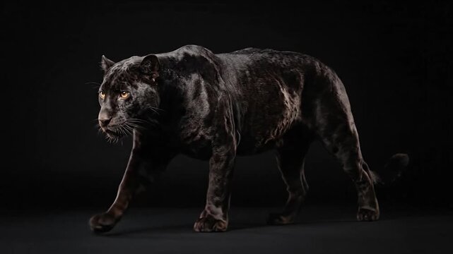 A majestic black panther walking isolated on a black studio background