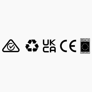 RCM, Recycle, UKCA, CE and REACH Product Certification Icon Set