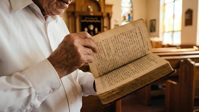 Elderly man reading religious text inside a traditional synagogue