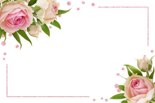 Pink rose flowers and green eucalyptus leaves in a corner floral arrangements with glitter confetti and a frame isolated on white or transparent background