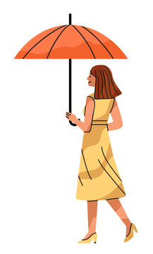 Woman walking with umbrella mental health self care calm female in yellow dress holding orange umbrella flat style isolated white background