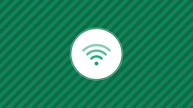 Animated wi-fi signal icon in a circle on a green striped background, representing wireless connection