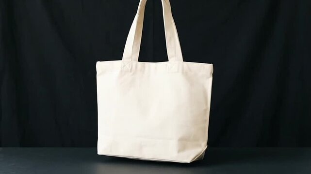 Plain beige canvas tote bag rotating on a dark background