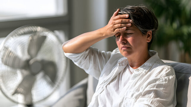 Stressed mature woman suffering from heat stroke and headache indoors during summer day, sitting near electric fan, feeling unwell and exhausted, trying to cool down in hot room, healthcare concept