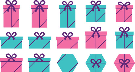 Collection of flat design gift boxes with purple bows and geometric ribbon lines for birthdays anniversaries christmas celebration greetings and digital shopping banners © Kirtan