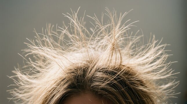 Frizzy Hair with Static Electricity Close-Up on Woman's Head