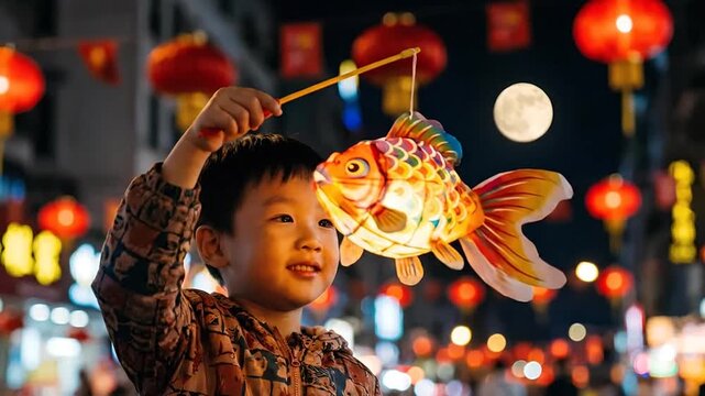Young Child Holding Glowing Fish Lantern During Festive Night Celebration