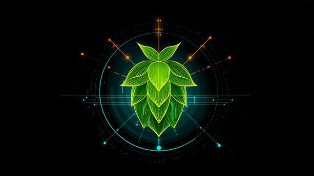 Modern glowing green hop cone vector icon with technical HUD circles for craft beer brewery and oktoberfest branding design