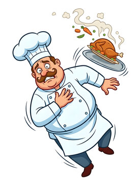 Panicked Cartoon Chef Slipping and Dropping a Roast Chicken Tray
