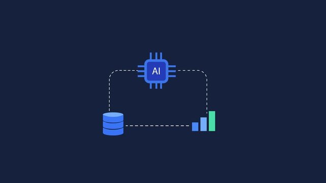 Animated motion graphics illustrating AI data analytics and processing workflow over a dark blue background. Features flat vector icons of a database cylinder, a processor chip labeled "AI".