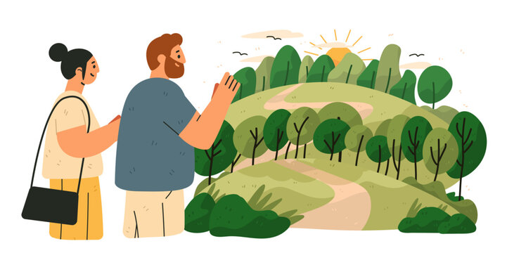 Forest bathing landscape mindfulness mental health nature walk couple enjoying green hills sunrise birds trees outdoor wellness concept