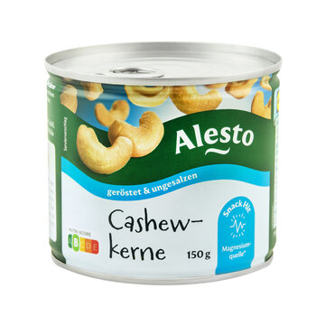 1 Dose Cashewkerne von Alesto ger&ouml;stet ungesalzen Hintergrund transparent PNG cut out