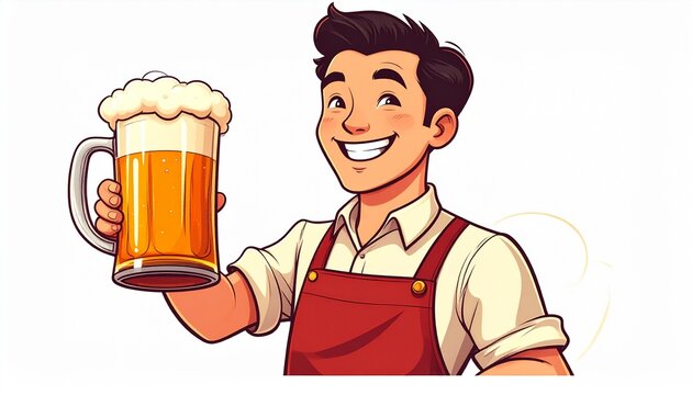 Cheerful cartoon Bavarian man in apron holding a large glass mug of beer for Munich Oktoberfest celebration.