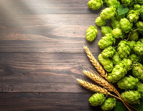 Rustic wooden background decorated with green hops and wheat stalks for Munich Oktoberfest brewery concept.
