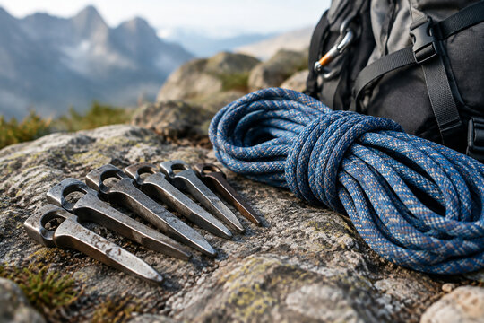 Climbing pitons and coiled rope arranged neatly on rocky ground beside a backpack.