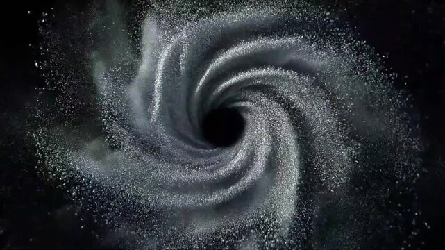 Swirling vortex of silver particles in dark background