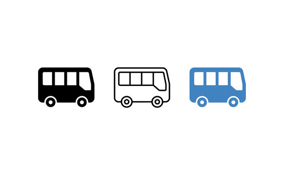 bus icon set on white background, public transit symbol collection, black and blue shuttle bus vector graphics for UI design