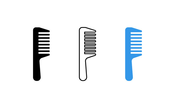 hair comb icon set, black silhouette and blue plastic comb vector illustrations, barber and beauty salon graphic elements