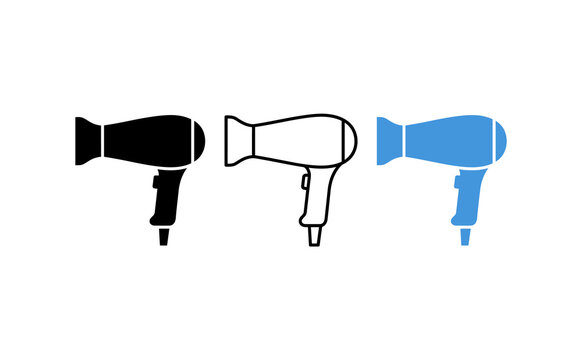 Hair dryer icon set in different styles, blow dryer vector symbols for beauty salon branding, minimalist hair styling tool graphics