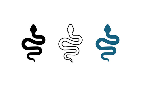 snake icon set in three styles, modern serpent vector symbols for branding, simple reptile line art graphic design elements