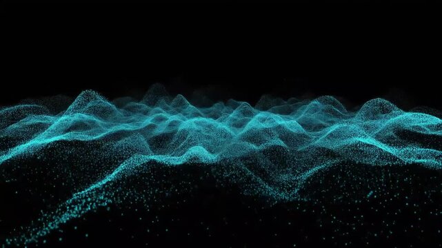 Abstract blue light particles form wave shapes on black background