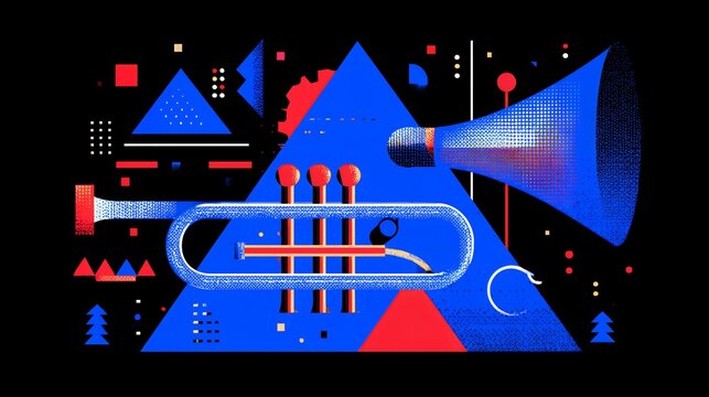 Retro abstract geometric trumpet and megaphone graphic overlay element for festival concert and music event poster banner