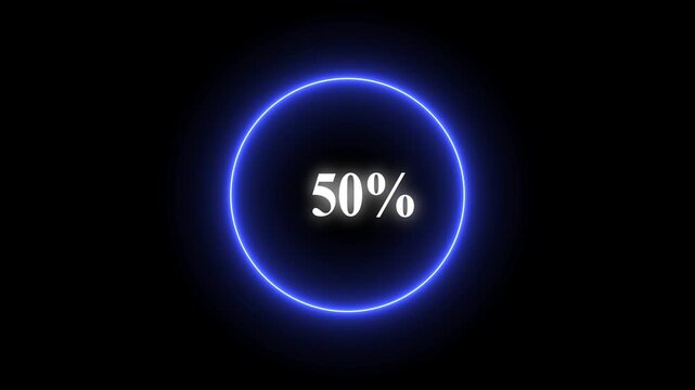 Blue glowing circle with hundred percent progress indicator on dark background