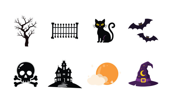 Halloween vector elements set with witch hat skull black cat haunted house full moon and bats illustration
