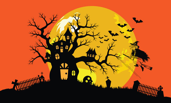 Happy Halloween banner background with flying witch haunted house tree full moon and graveyard vector illustration