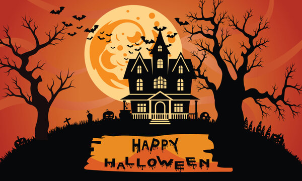 Happy Halloween banner background with ghost silhouette full moon spooky trees bats and typography vector illustration