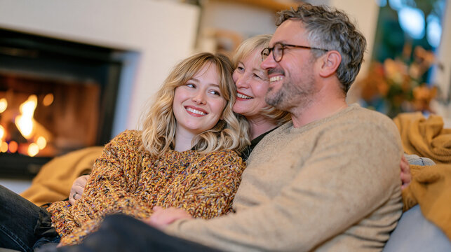 Young granddaughter sitting beside her grandmother while grandfather tells a family story, cozy fireplace and warm blankets in the background, intimate intergenerational moment, soft evening light, 