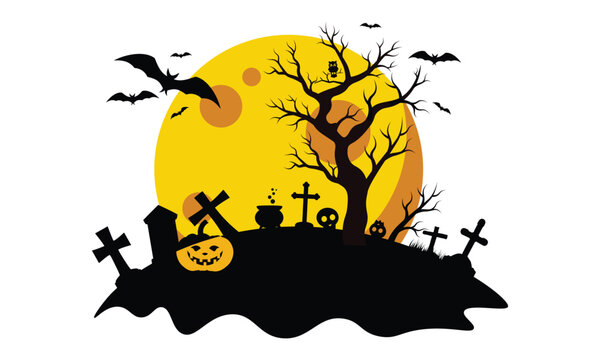 Happy Halloween banner design with pumpkin graveyard owl full moon and bats vector illustration