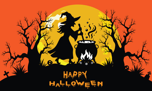Happy Halloween banner background with witch cooking magic potion in cauldron full moon and spooky trees vector illustration