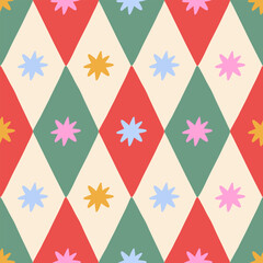 Obraz premium Christmas rhombus seamless pattern. Xmas plaid texture in green, red, pink colors. Argyle geometric diamond pattern with stars. Vintage winter circus background. Vector retro holiday print.