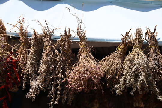 Sale of dried aromatic herbs on the island of Symi, Greece.