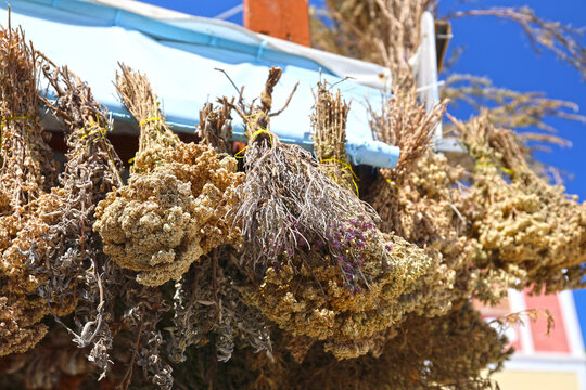 Sale of dried aromatic herbs on the island of Symi, Greece.