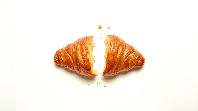 Golden croissant splits clean against stark white background