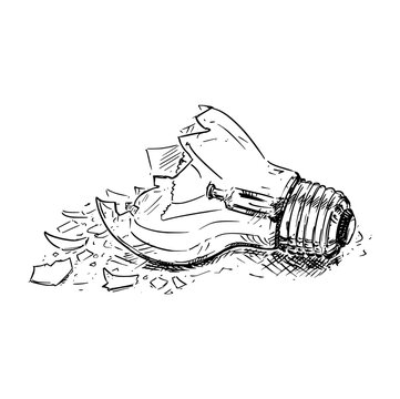 Broken light bulb line art drawing vector illustration