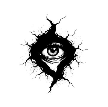 Human eye looking through wall crack black line art illustration